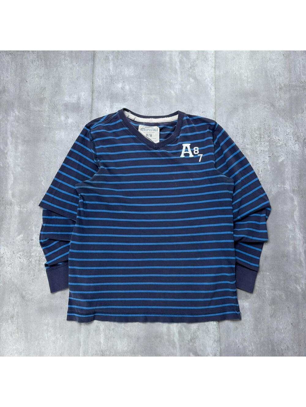 Y2K Blue Aeropostale Grunge Striped Skater Distressed Long Sleeve Shirt